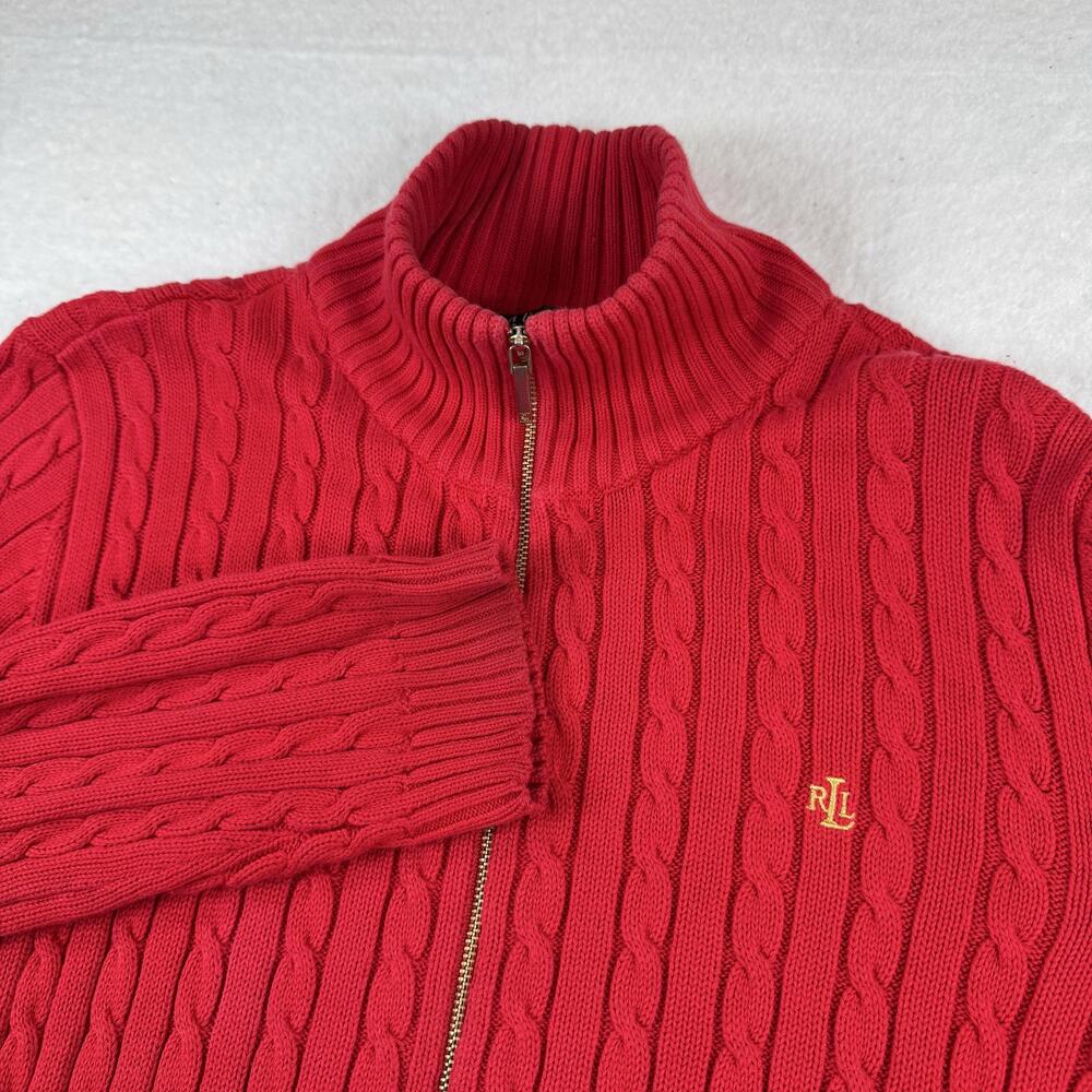 Lauren Ralph Lauren Sweater Womens Size XL Red Cable Knit Full Zip Mock Neck